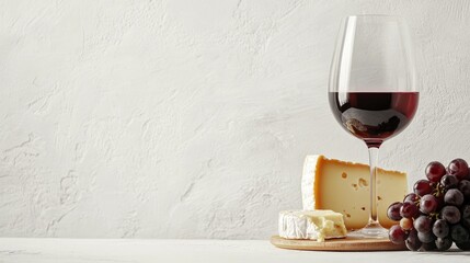 Glass of red wine with cheese selection and grapes on white background