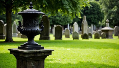 Obraz premium Cemetery urn surrounded by gravestones under green trees 