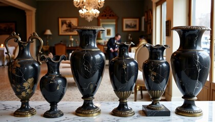 Antique black vases arranged on a marble table in elegant room  