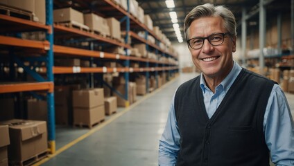 Friendly supervisor resting against stock shelves in a spacious warehouse.


