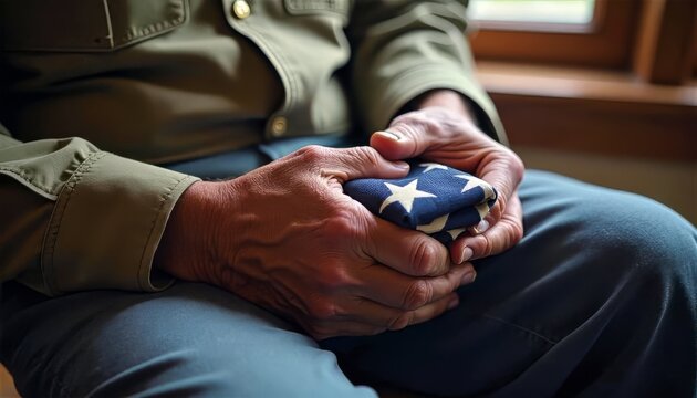 Veteran Senior Man Holding Folded American Flag