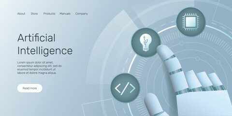 Web banner robot finger pressing idea icon, Multimodal AI. multimodal learning icons with digital ai brain. Ai brain concept, machine learning, Artificial Intelligence (AI) landing page concept.