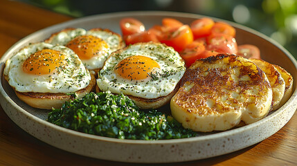 Healthy breakfast meal poached eggs smoked salmon vegetables