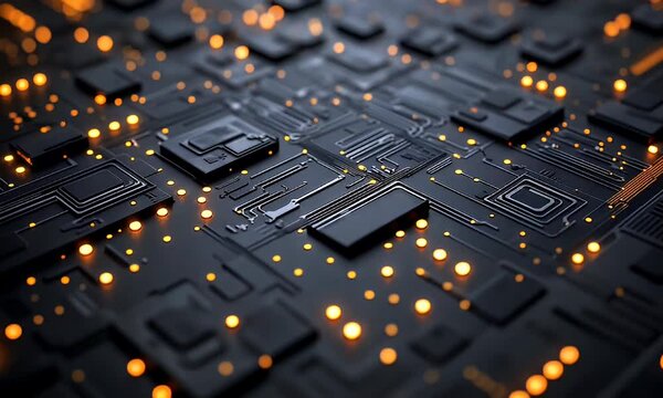 Complex circuit board with glowing components.
