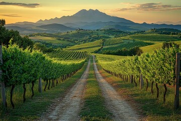Fototapeta premium Vineyard sunset, mountain view, Tuscany