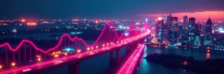 Naklejka premium Cyberpunk style graph depicting financial flow over city at night, power, links