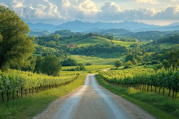 Country road through vineyard, hills, mountains sunset, travel