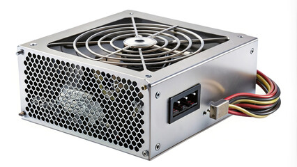 Silver ATX computer power supply unit with power cord and fan grid