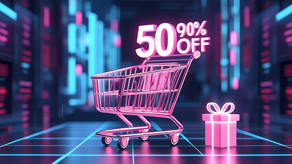 Neon glow shopping cart shows 50 discount on digital futuristic background. Gift box icon appears on digital surface. Online purchase concept. Techy sale promotion. Digital marketing app website 