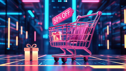 Neon glow shopping cart shows 50 discount on digital futuristic background. Gift box icon appears on digital surface. Online purchase concept. Techy sale promotion. Digital marketing app website 