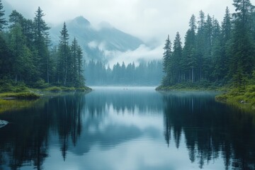 Misty lake, mountain reflection, serene forest