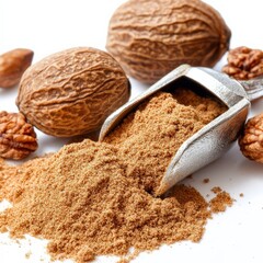 Fresh and dried nutmeg seed and powder, isolated on white background, natural brain stimulant"