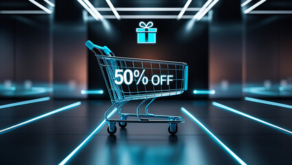 Neon glow shopping cart shows 50 discount on digital futuristic background. Gift box icon appears on digital surface. Online purchase concept. Techy sale promotion. Digital marketing app website 