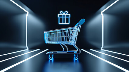 Neon glow shopping cart shows 50 discount on digital futuristic background. Gift box icon appears on digital surface. Online purchase concept. Techy sale promotion. Digital marketing app website 