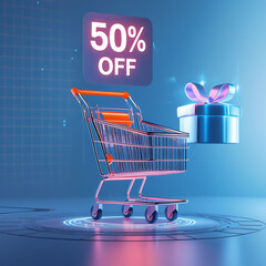 Neon glow shopping cart shows 50 discount on digital futuristic background. Gift box icon appears on digital surface. Online purchase concept. Techy sale promotion. Digital marketing app website 