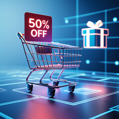 Neon glow shopping cart shows 50 discount on digital futuristic background. Gift box icon appears on digital surface. Online purchase concept. Techy sale promotion. Digital marketing app website 
