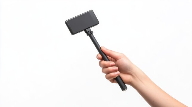 hand holding selfie stick with an adjustable clamp isolated on a white background 