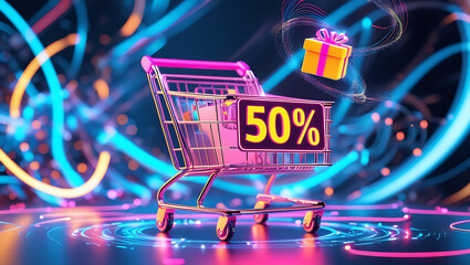 Neon glow shopping cart shows 50 discount on digital futuristic background. Gift box icon appears on digital surface. Online purchase concept. Techy sale promotion. Digital marketing app website 