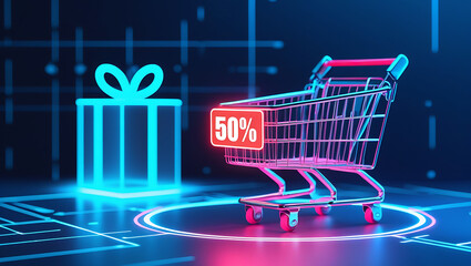 Neon glow shopping cart shows 50 discount on digital futuristic background. Gift box icon appears on digital surface. Online purchase concept. Techy sale promotion. Digital marketing app website 
