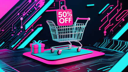 Neon glow shopping cart shows 50 discount on digital futuristic background. Gift box icon appears on digital surface. Online purchase concept. Techy sale promotion. Digital marketing app website 