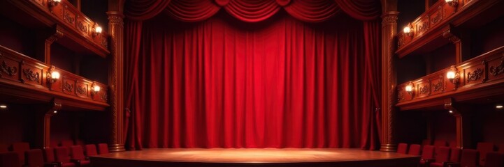 Grand opera house stage, crimson velvet drapes closed , crimson, vintage, ornate