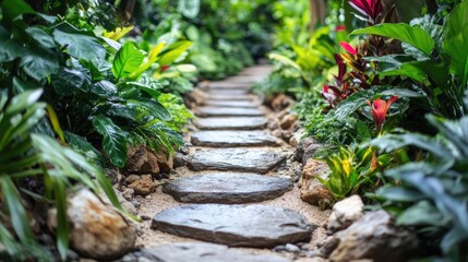 Stone path in the garden, leading through lush greenery.