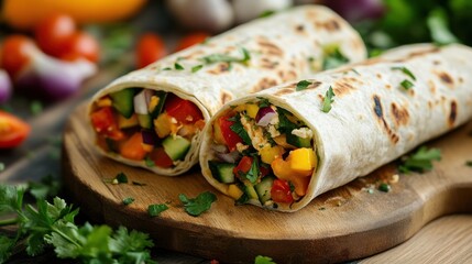 Delicious vegetarian wraps filled with fresh vegetables served on a wooden board