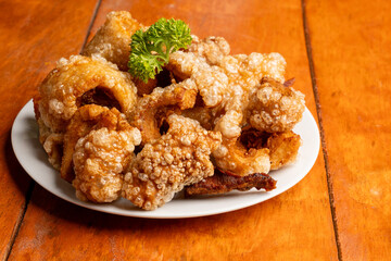 Deliciously Crispy Pork Cracklings Presented Elegantly on a White Serving Plate for Enjoyment