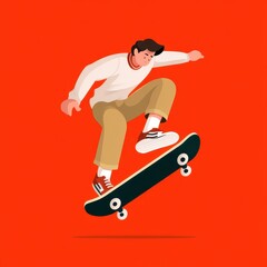 Fototapeta premium Stylish figure of a person performing a skateboarding trick against a vibrant background.