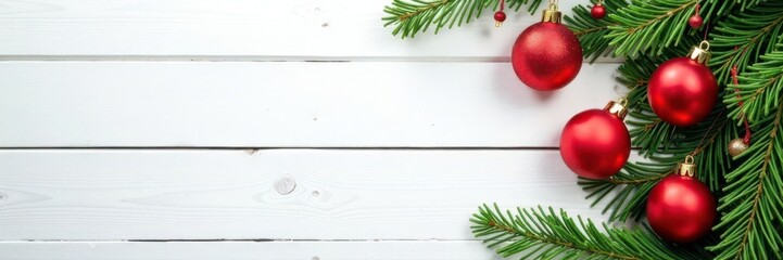 Naklejka premium Red and gold baubles, evergreen sprigs, blank card, white wood backdrop , xmas, white wood
