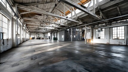 Fototapeta premium Industrial warehouse with concrete floors and steel beams, showcasing raw urban aesthetics and depth 