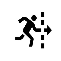 Silhouette of a person running towards an exit sign with an arrow pointing to the right side direction
