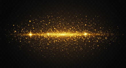 Gold glittering light particles, star dust magic sparks. Glow glitter light effect. Gold luminous points. Sparkling magic dust particles isolated on a transparent PNG background