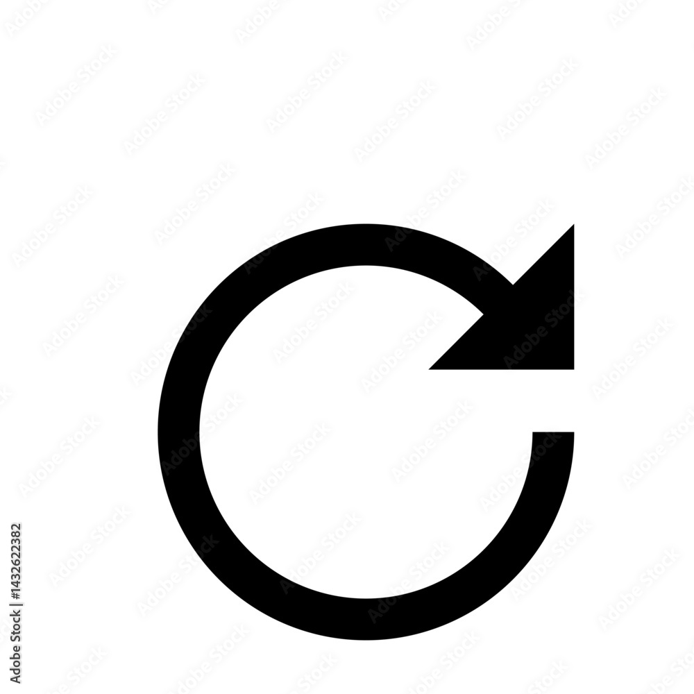 Poster circular arrow pointing right indicating reload refresh or repeat action in simple black design elem