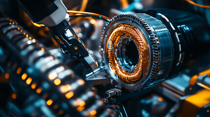 A robotic arm assembling high performance electric bike motors in a smart factory, sleek motor casings and copper wiring neatly arranged, Modern-tech style