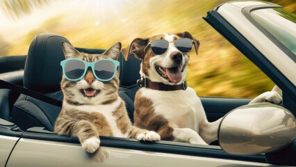 Cat and Dog in Sunglasses Driving