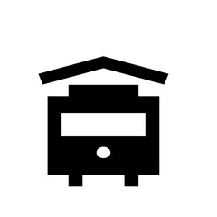 Black silhouette of a bus with a roof structure and a white window on a white background design element
