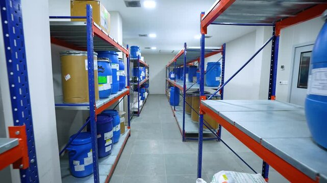 full warehouse filled with pharma blue container rack for storage and epoxy flooring in a pharmaceutical manufacturing factory in cleanroom for active pharma ingredients, speciality chemicals.	