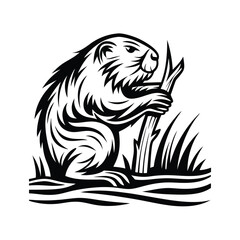 Black and White Beaver Holding Branch Standing on Grass Silhouette
