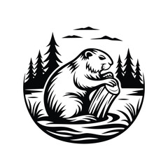 Beaver Gnawing Wood Log in Water with Pine Trees Silhouette Circular Isolated Art