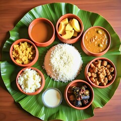 Authentic Bengali Lunch Thali with Rice, Curries, and Sweets on Banana Leaf