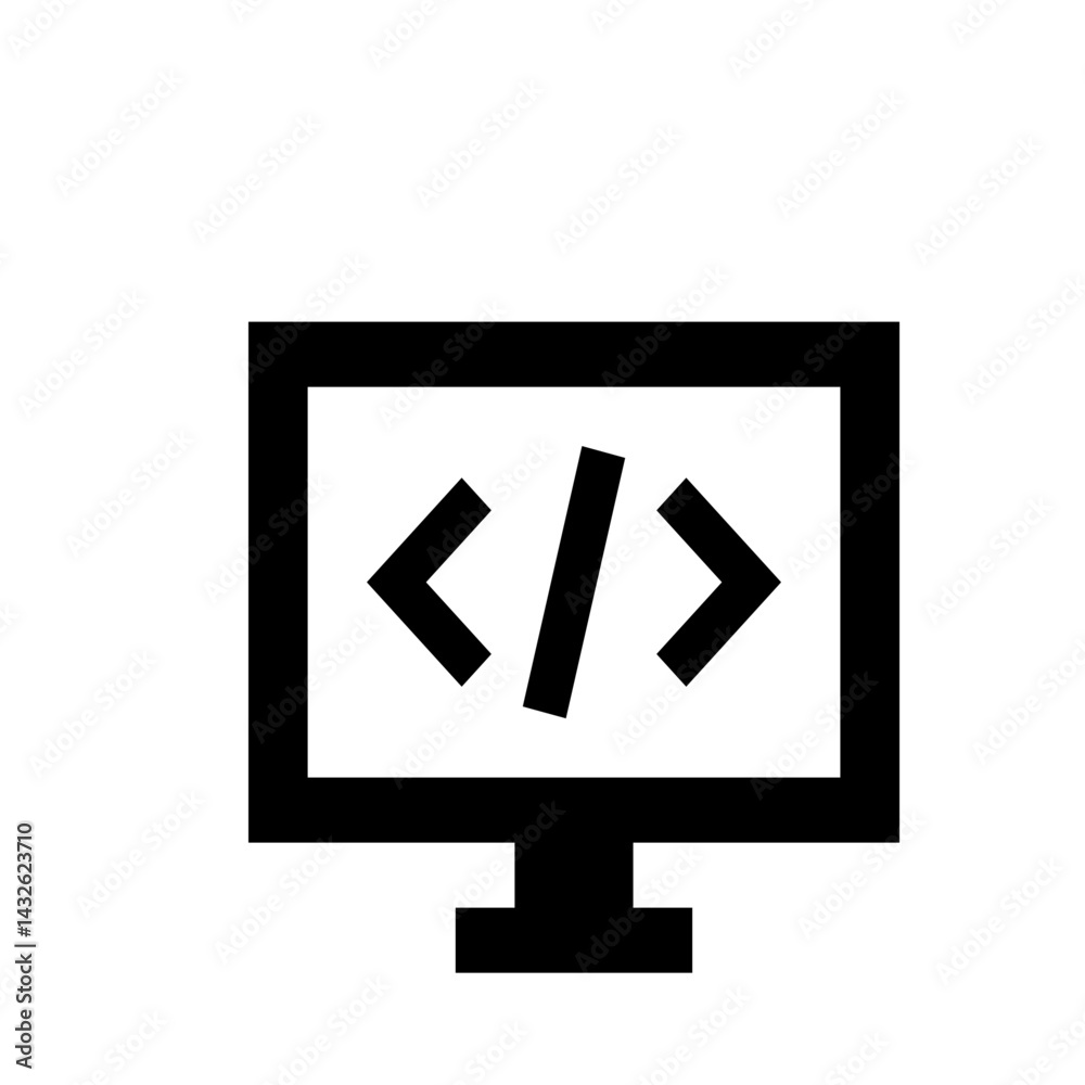 Poster black and white icon of a computer monitor displaying code symbols in a simple vector graphic style