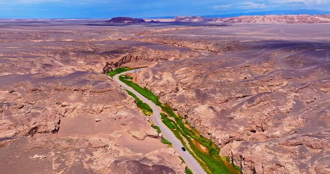Aerial shot of winding road and spectacular desert canyon with green vegetation landscape in Xinjiang, China.