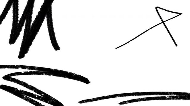 Pack of 9 monochromatic frantic animations of black grunge pencil and brush doodle lines and textures on white background. Low frame rate effect. Seamless loop.