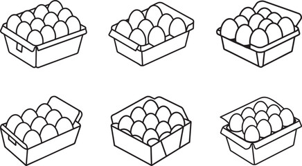 set of chicken eggs in a carton paper box line art, black outline, vector and illustration, coloring book page line art drawing