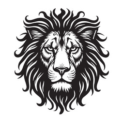 A bold, high-contrast black and white vector illustration of a lion’s head. The lion’s face is symmetrical and highly stylized with sharp, flowing lines that form its detailed mane. 