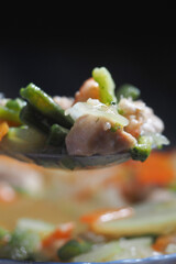 Fresh vegetable and chicken stir-fry served on a spoon