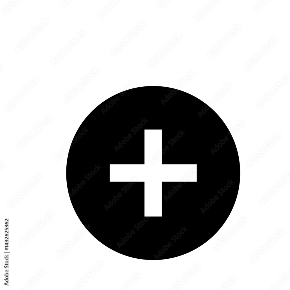 Poster black circle containing a white plus sign centered within the shape for addition and positive symbol