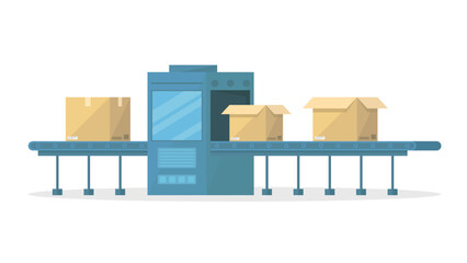 Conveyor belt icon with boxes. Automatic conveyor for plant, factory. Logistics center.