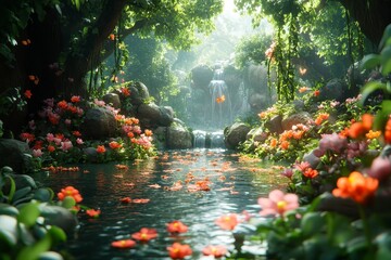 Lush jungle waterfall, flowers, calm stream.  Background Tranquil paradise. Use Wallpaper, tourism